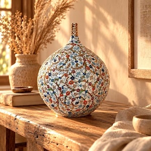 Puede incluir: Un jarrón de cerámica esférico con una base blanca adornada con un intrincado patrón floral multicolor en tonos rojos, azules y verdes, rematado con un cuello estrecho y texturizado de color dorado con una pequeña abertura circular.