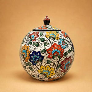 May include: A spherical ceramic jar with a matching lid, featuring a white base decorated with intricate hand-painted floral patterns in vibrant shades of red, orange, yellow, blue, and green, accented by fine black outlines and scrolling vines.