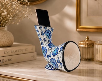 Handmade Ceramic Gramophone Phone Speaker, Hand-Painted Floral Acoustic Amplifier Stand