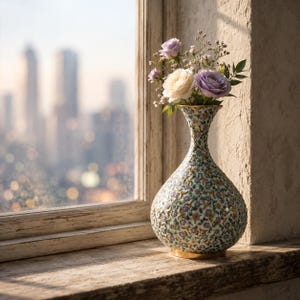 Pu&ograve; includere: Un vaso in ceramica bulboso con collo stretto e base larga, caratterizzato da un intricato motivo floreale nei toni del blu, verde e oro. Il vaso contiene un piccolo bouquet di rose bianche e viola chiaro con delicato fogliame verde.