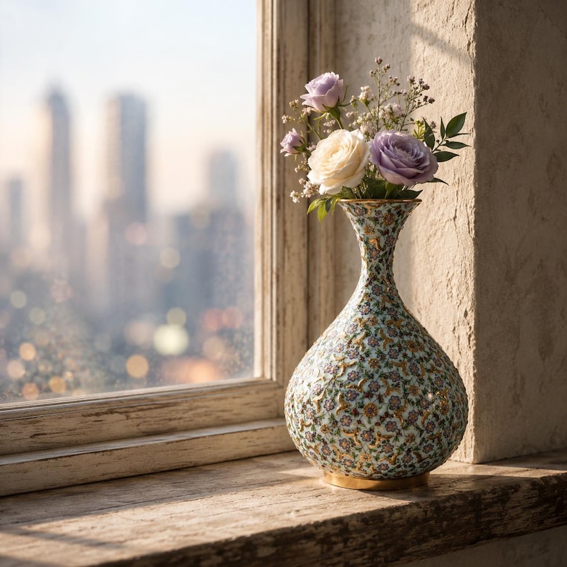 Pu&ograve; includere: Un vaso in ceramica bulboso con collo stretto e base larga, caratterizzato da un intricato motivo floreale nei toni del blu, verde e oro. Il vaso contiene un piccolo bouquet di rose bianche e viola chiaro con delicato fogliame verde.