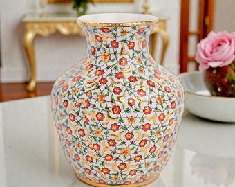 中国風の長い首の陶器の花瓶、花のデザイン、赤と金 - Etsy 日本