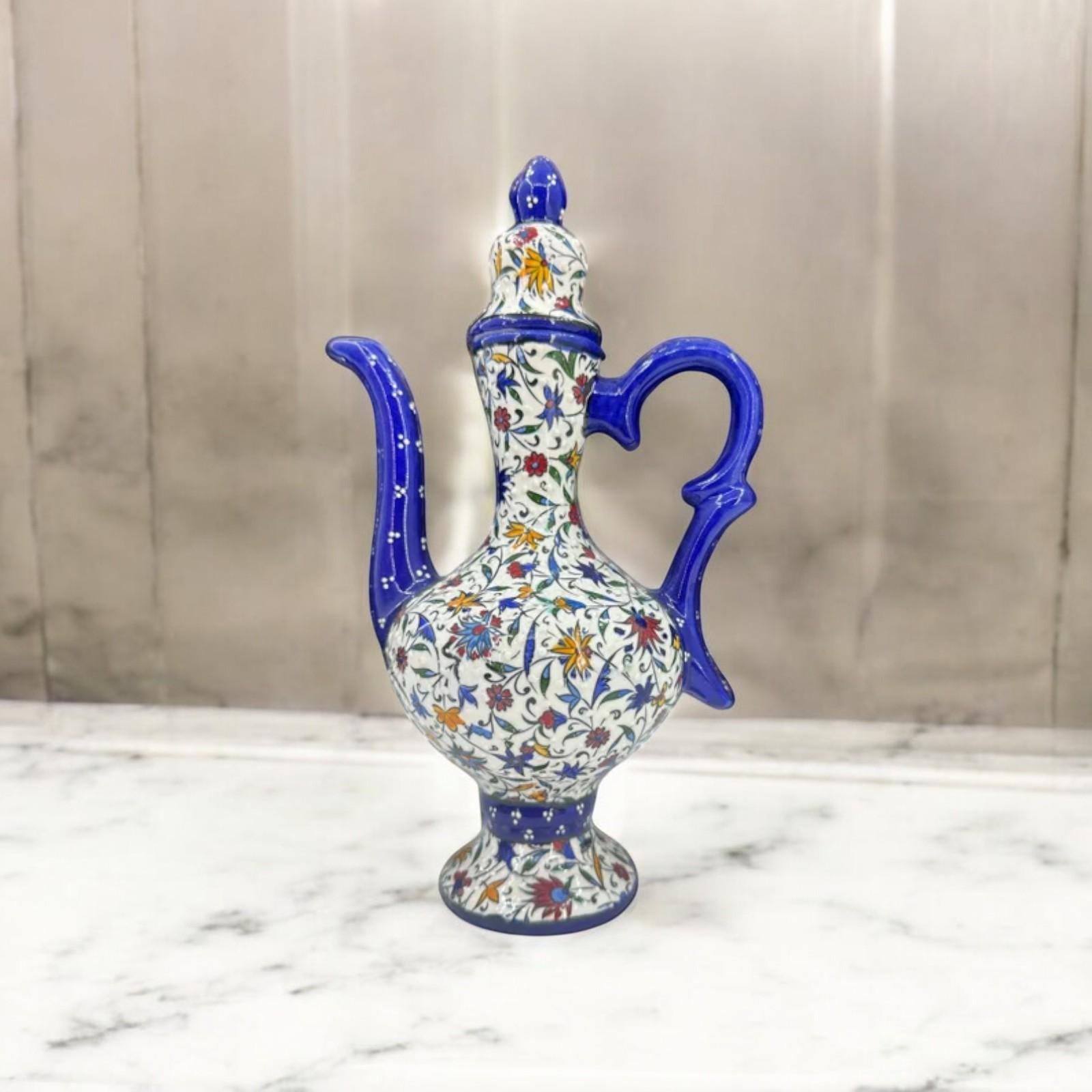 Handmade Blue & White Ceramic Pitcher Vase, Floral Decorative