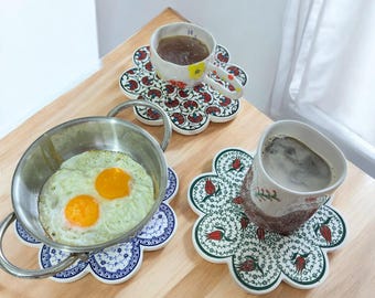 Handmade Turkish Ceramic Coaster, Floral Tile Trivet, Kitchen Decor