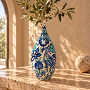 May include: A teardrop-shaped ceramic vase featuring a white base with intricate hand-painted floral patterns in shades of cobalt blue, turquoise, and navy. The vase contains a leafy olive branch with small green and dark purple olives.