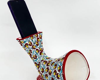 Red Ceramic Phone Amplifier, Handmade Acoustic Speaker, Turkish Floral Tile Art, No Electricity, Unique Gift Idea