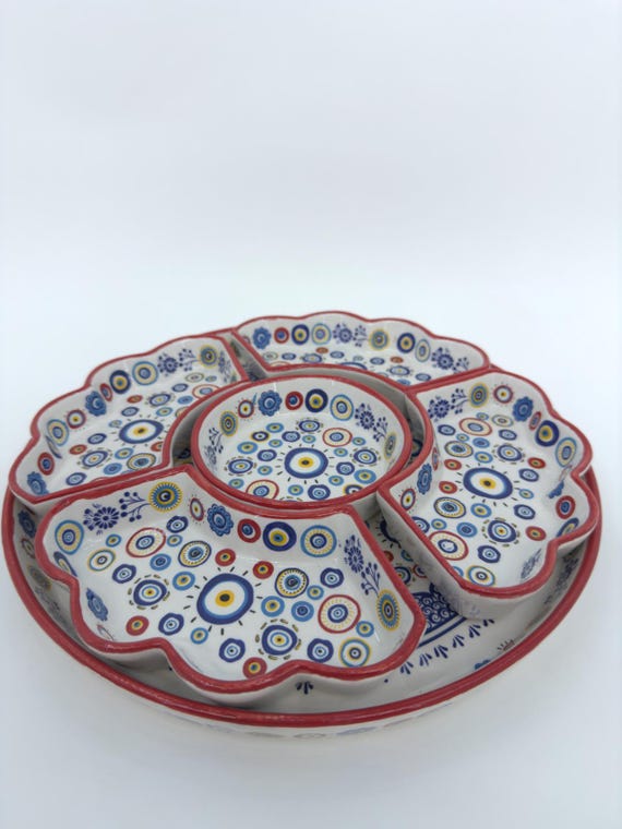 Handmade Turkish Ceramic Appetizer & Breakfast Set, 5 Hand Painted Plates with Large Serving Tray