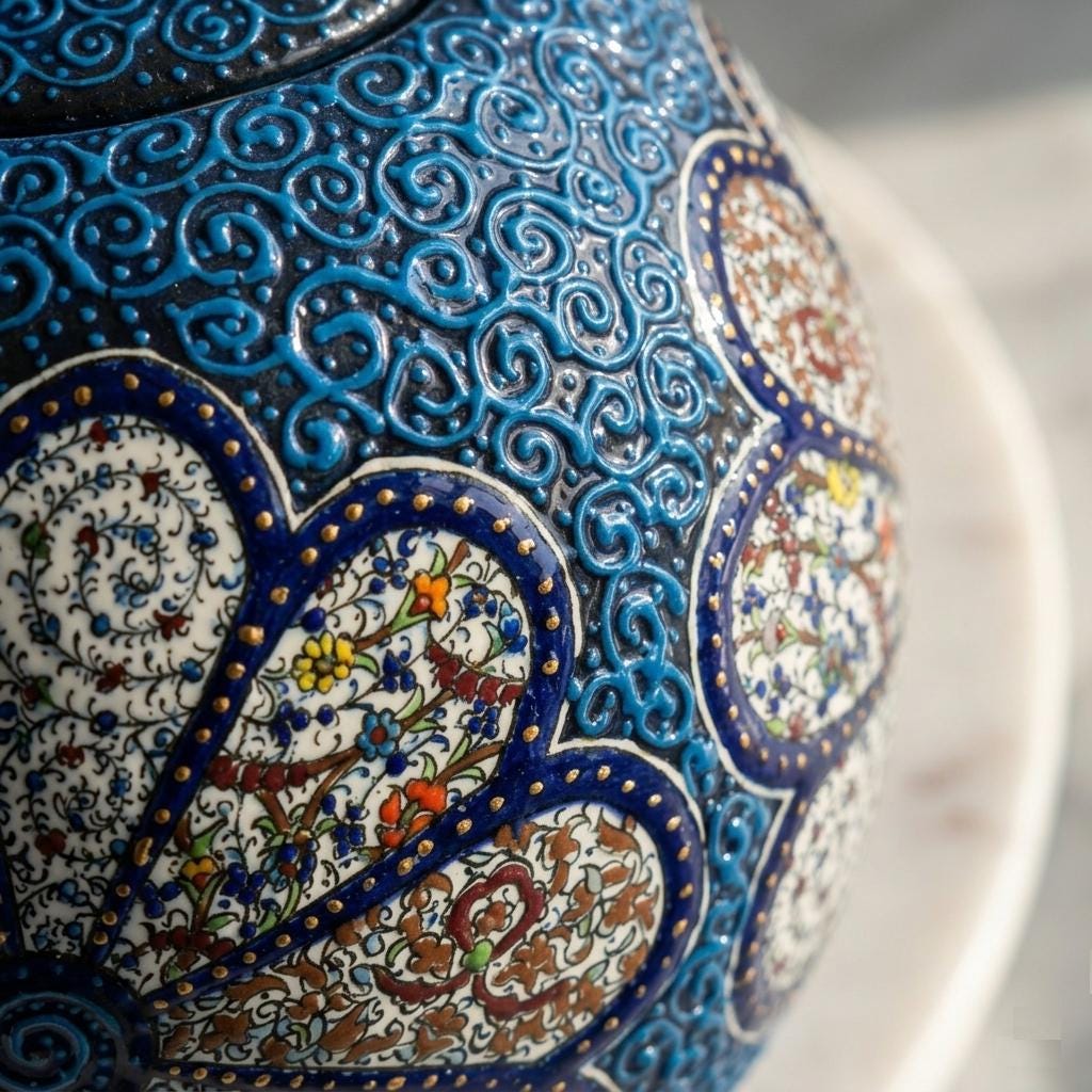手作りのトルコ製陶器装飾壺 | コバルトブルーの花柄オスマン陶器