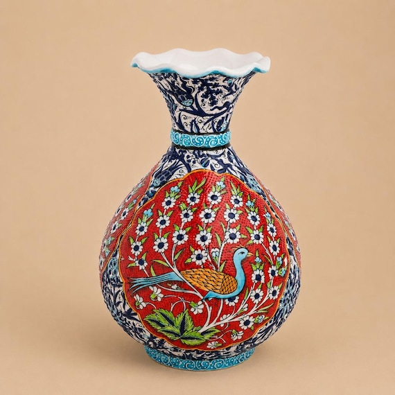 G0606-10★Opaline véritable 手描き花柄 フラワーベース Handmade Ceramic Peacock Vase, Traditional Turkish Pottery Table