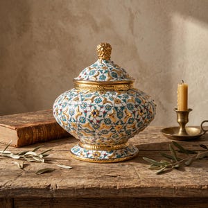 Può includere: Un barattolo in ceramica bianca con coperchio, caratterizzato da un motivo ripetuto di piccoli fiori blu, accenti rossi e dettagli in foglia d'oro. Il barattolo ha un corpo arrotondato, una base svasata e un pomello dorato sul coperchio con finiture.