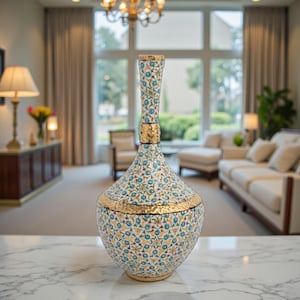 Puede incluir: Un jarrón decorativo de cerámica con cuello largo y cuerpo bulboso. El jarrón presenta un detallado estampado floral en azul, amarillo y dorado. El borde y el cuello están adornados con adornos dorados. El jarrón se exhibe sobre una superficie de mármol.