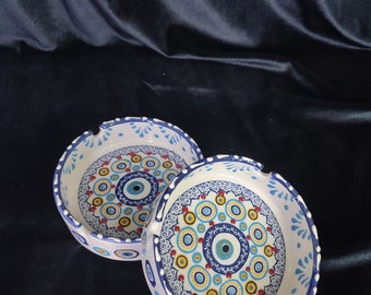 Handmade Evil Eye Ceramic Ashtray Set with Lids | Turkish Floral Ashtray Decor | Nazar Protection Gift | Set of 2