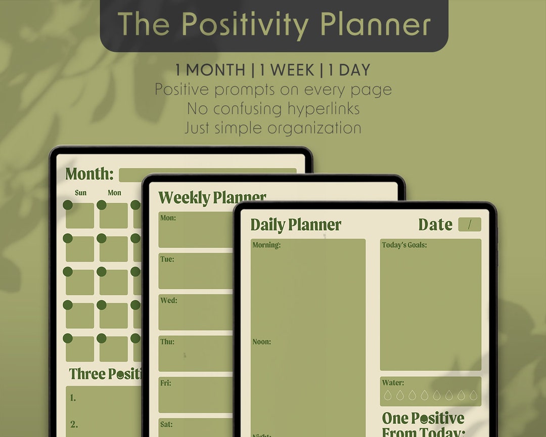 Week Postivity Positivity Planner | Simple 3-page Day, Week, Month Digital Planner ...