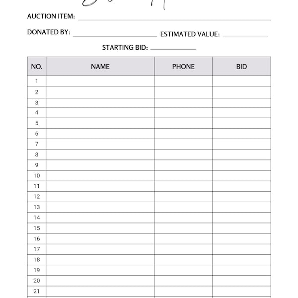 Silent Auction Bid Sheet