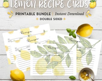 Printable Lemon Recipe Cards, Summer Bridal Shower, Watercolor Citrus Recipe Card PDF, 4x6 Double Sided Recipe Cards, Fresh Off the Market