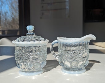 Lovely Mosser Glass Opal Opalescent Creamer & covered Sugar Bowl, for Mom's Tea Party  - Eye Winker, Scroll design No Chips or cracks