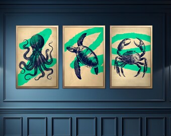 Conjunto de 3 arte de pared náutica / arte de pared de tortuga marina / arte de pared de pulpo / impresión de arte de pared de cangrejo / cartel de tortuga marina / cartel náutico / conjunto de 3