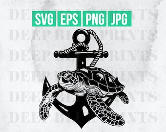 May include: A black and white silhouette of a sea turtle swimming around an anchor. The anchor has a rope wrapped around it.