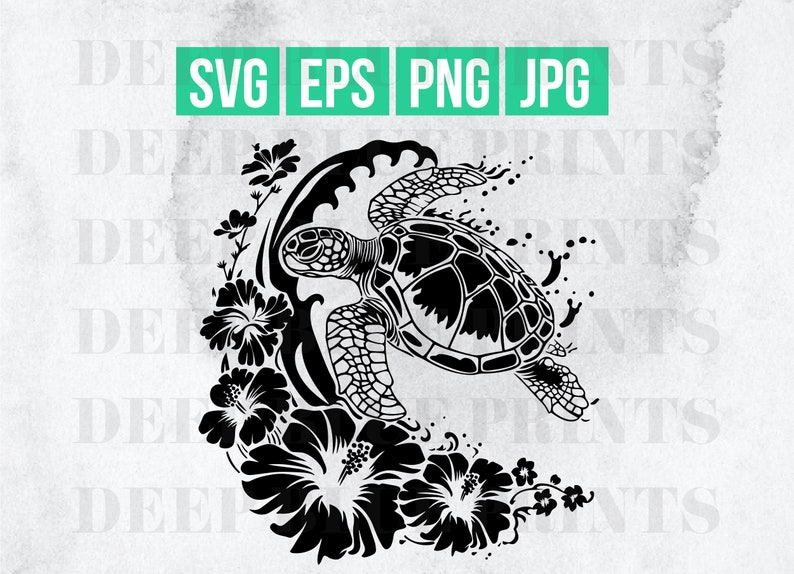 May include: Black and white illustration of a sea turtle swimming through a wave, surrounded by hibiscus flowers. The image includes the file type labels: SVG, EPS, PNG, and JPG.