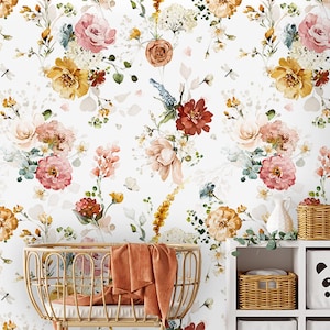 Boho Garden Flowers Peel and Stick Wallpaper - Pastel Blush Floral Wall Decal Print - Botanical Self Adhesive Wall Mural