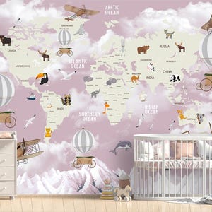 Kinder Tapete Weltkarte Wandbild Heißluftballon Niedliche Tiere Wandabdeckung Kinderzimmer Kinderzimmer Pell and Stick Wandbild