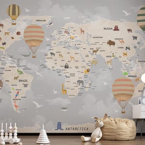 Kids Map Wallpaper Political World Map Wall Mural Hot Air Balloon Animals Wall Cover Kids Room Nursery