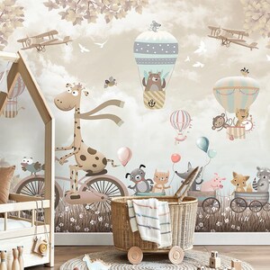 Watercolor children's world map wallpaper, airplanes and hot air balloons over countries with cute animals self-adhesive mural