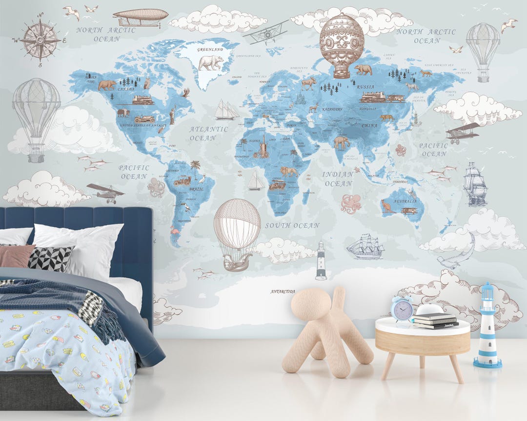 Kids Map Wallpaper Political World Map Wall Mural Hot Air Balloon ...