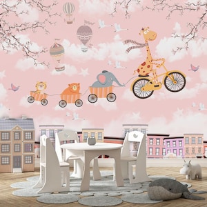 Kids Wallpaper Peel and Stick, Flying Animals Wallpaper, Hot Air Balloon Wallpaper, Nursery Room Wallpaper, Childrens Wallpaper