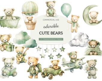 Cute Teddy Bear Clipart, DIGITAL DOWNLOAD, Pastel Watercolor Clipart, Cute Baby Shower Gift, Birthday Gift, Cute Boho Bears, Commercial Use