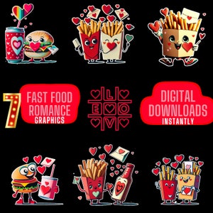 Fast Food Romance Burger Fries Valentines Day PNG FILES Love Letter school Card Digital Download Red Hearts Anime Cartoon Style Images
