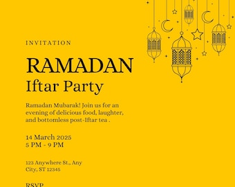 Könnte beinhalten: Gelbe Ramadan Iftar Party Einladung mit schwarzem Text und Illustrationen von hängenden Laternen. Die Einladung enthält Datum, Uhrzeit und Ort der Veranstaltung. Der Text lautet: "Come for the samosas, stay for the vibez."