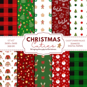 May include: A set of 12x12 inch digital paper designs featuring Christmas themes. The designs include red and green plaid, gingerbread houses, Santa Claus, reindeer, Christmas lights, and Christmas trees. The text "CHRISTMAS Cuties Bringing the cute to Christmas." is displayed on a banner.