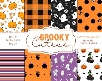 Digitala Halloween-papper / Scrapbook-papper / Sött designerpapper / Sömlöst mönster / Direkt nedladdning / 8 Halloween-temadesigner