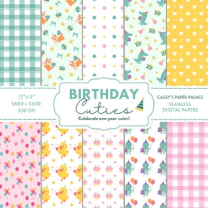Birthday Digital Paper / 10 Cute Birthday Designs / Scrapbook Paper / Kawaii Designer Paper / Seamless Pattern / Instant Download / BDAY
