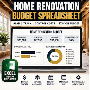 May include: A digital home renovation budget spreadsheet displayed on a laptop screen. The interface shows a total budget of $75,000, total spent of $42,350, and 56% completion. It includes a bar chart for budget vs. actual and a donut chart for expenses.