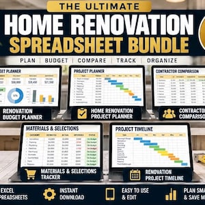 Può includere: Il pacchetto Ultimate Home Renovation Spreadsheet Bundle include cinque fogli di calcolo Excel per pianificare, preventivare, confrontare, tracciare e organizzare progetti. Include pianificatore di budget, di progetto, confronto appaltatori, tracciatore materiali e cronoprogramma.