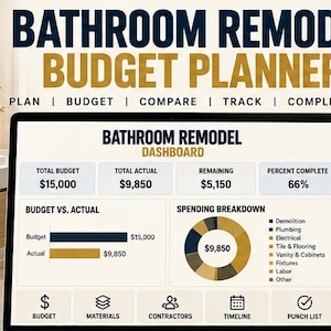 Può includere: Una dashboard digitale per la pianificazione del budget di ristrutturazione del bagno visualizzata su uno schermo. L'interfaccia mostra un budget totale di 15.000 $, spese effettive di 9.850 $ e un saldo rimanente di 5.150 $. Include grafici a barre.