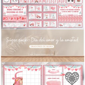 Könnte beinhalten: Eine Sammlung von rosa und türkis farbenen Valentinstag-Vorlagen. Das Design umfasst Herzen, Zwerge und Sätze wie "Dia del Amor y la Amistad". Das Set enthält verschiedene Elemente, darunter Karten und dekorative Banner.