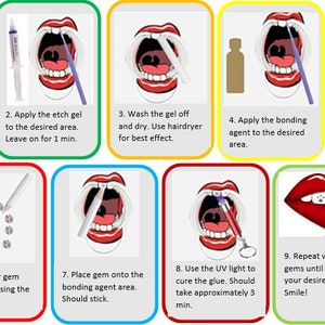 Puede incluir: Nueve pasos ilustrados para aplicar piedras preciosas a los dientes usando un gel de grabado, un agente de uni&oacute;n y luz UV. Los pasos se ilustran con una boca y dientes de dibujos animados. El paso final muestra una boca roja con piedras preciosas en los dientes.