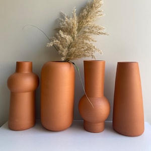 Puede incluir: Cuatro jarrones de terracota de diferentes formas y tamaños, con un arreglo de hierba de la pampa seca en el jarrón del centro.