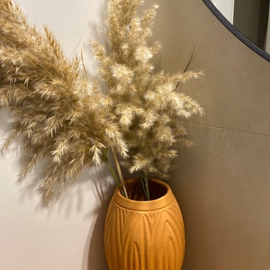 May include: A tall, brown ceramic vase with a textured, ribbed design. The vase is filled with dried pampas grass.
