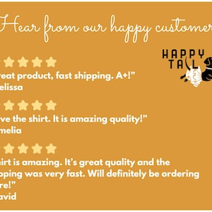 Op de afbeelding: Mosterdkleurige afbeelding met getuigenissen van klanten. De tekst luidt "Hear from our happy customers" boven drie klantbeoordelingen, elk met vijfsterrenbeoordelingen. Het Happy Tail-logo toont een zwarte teckel.