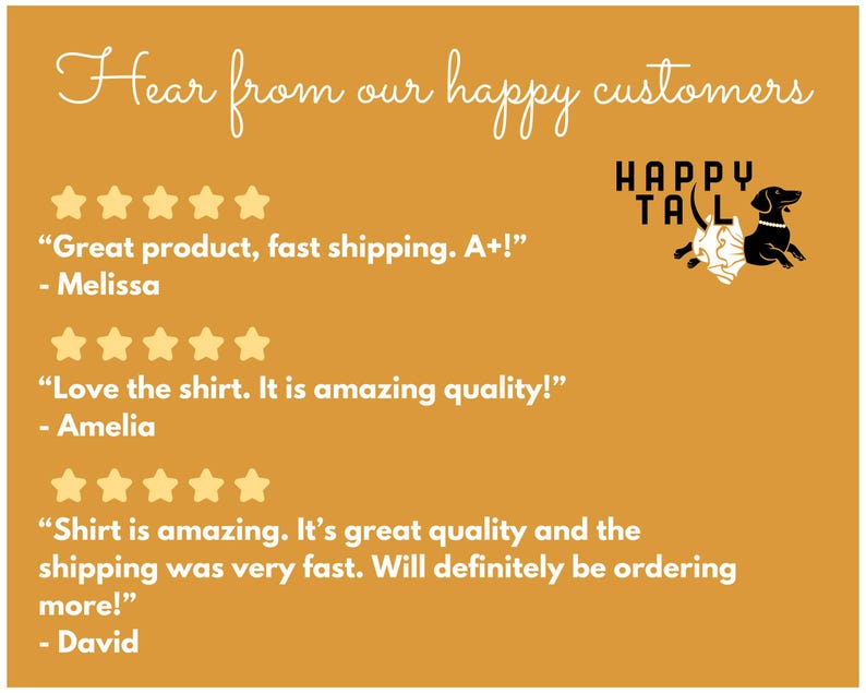 Op de afbeelding: Mosterdkleurige afbeelding met getuigenissen van klanten. De tekst luidt "Hear from our happy customers" boven drie klantbeoordelingen, elk met vijfsterrenbeoordelingen. Het Happy Tail-logo toont een zwarte teckel.