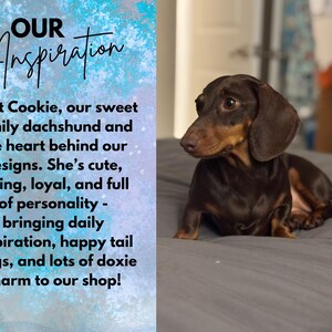 May include: A brown and black dachshund dog resting on a gray surface. The image includes text that reads: OUR Inspiration. Meet Cookie, our sweet family dachshund and the heart behind our designs. She&rsquo;s cute, loving, loyal, and full of personality.