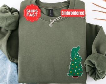 Long Hair Dachshund Embroidered Christmas Sweatshirt, Weiner Dog Christmas Tree Weenie Mom Gift