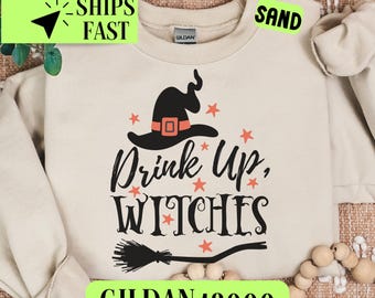 Halloween Sweatshirt, Witch Halloween Sweatshirt, Cute Witch Sweatshirt, Drink Up Witches, Unisex Heavy Blend Jumper, Gildan 18000