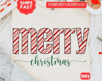 Merry Christmas Candy Cane Comfort Colors Shirt, Merry Christmas TShirt, Jolly Holiday Season T-Shirt, Candy Cane Shirt, Merry Christmas
