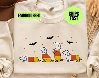 Halloween Dachshund Embroidered Sweatshirt, Candy Corn Weiner Dog Fall Season Crewneck, Weenie Mom Gift