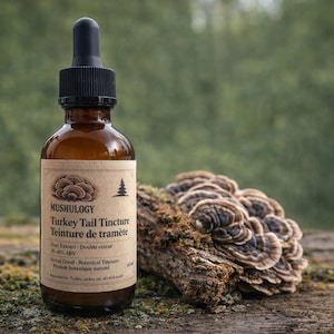 Può includere: Una bottiglia di vetro marrone con un contagocce nero, etichettata "Mushology Turkey Tail Tincture". La bottiglia è accanto a un gruppo di funghi a coda di tacchino marroni e marroni su un pezzo di legno, con uno sfondo verde sfocato.